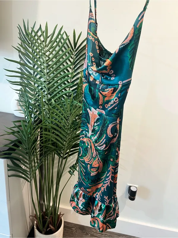 Green Paisley Slip Dress with Ruffle Hem - Image 2