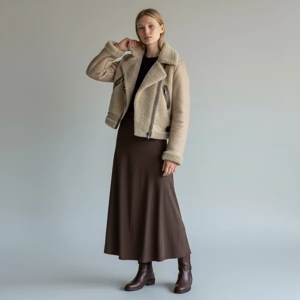 Ashley B Jacket Aviator Faux Shearling Cropped Zippers Biker Moto Beige‎ Size M - Image 2