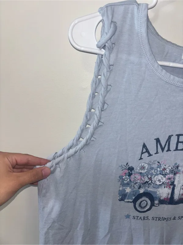 Maurices Light Blue 'America' Graphic Tank with Braided Shoulders - Image 3