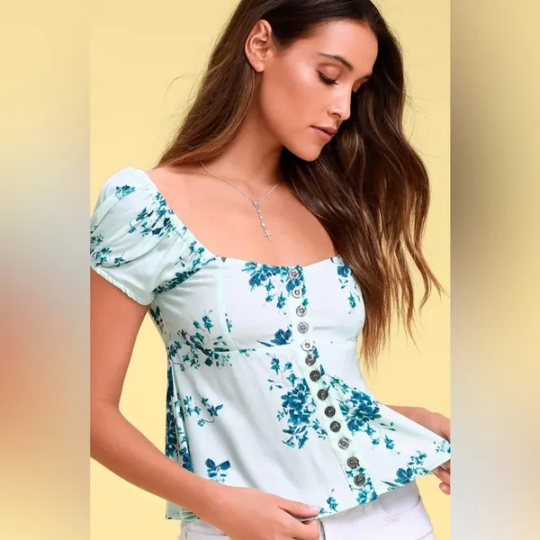 Free People Blue Floral Peasant Top XS Cottagecore Boho Puff Sleeve Babydoll - Image 6