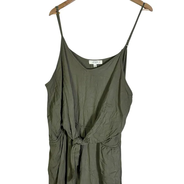 Umgee Beachy Wide Leg Jumpsuit Size XL Olive Green Tencel Tie Front Minimalist - Image 3