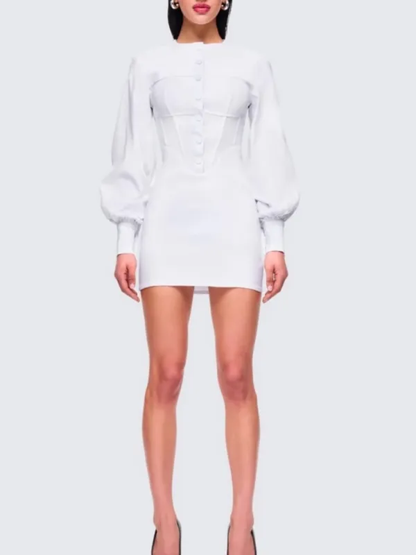 Finesse White Corset Mini Dress Long Puff Sleeve Button Front Bodycon Dress -S - Image 4