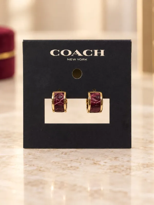 Coach Burgundy Snake-Embossed Leather Gold-Tone Hoop Earrings NWT - Image 2