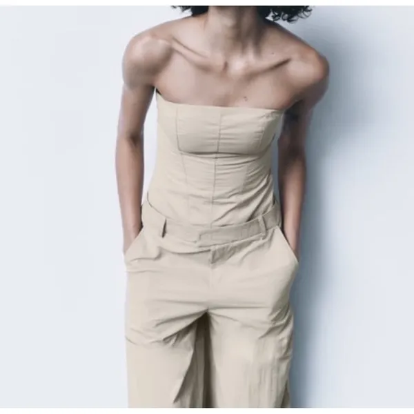Zara Strapless Off The Shoulder‎ Nylon Jumpsuit, Khaki, Size Xs Bloggers Fav - Image 4