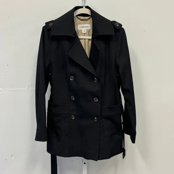 Calvin Klein Black Double Breasted Belted‎ Trench Coat Jacket XS Epaulettes - Image 2