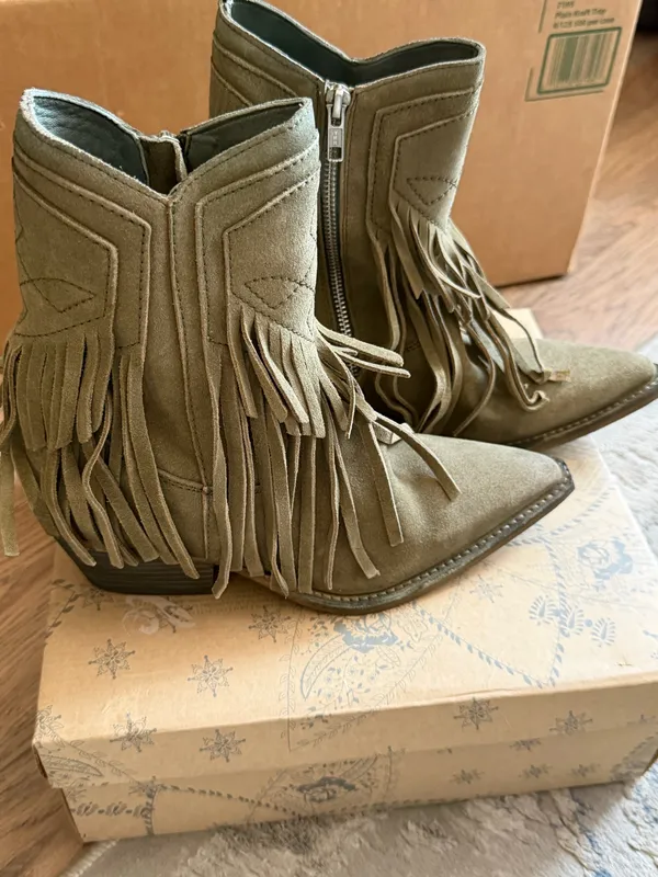 Free People Taupe Suede Leather Point Toe Lawless Fringe Western Boots - Image 2