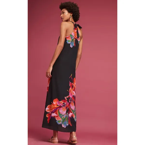 Maeve Anthropologie Cayman Silk Maxi Dress Womens Large Black Floral‎ Resort - Image 4