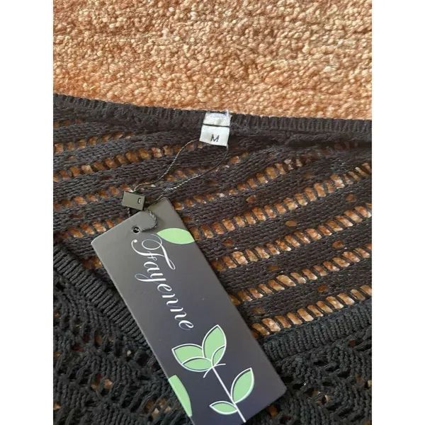 Fayenne Crochet Black Women's Long Sleeve Sweater -Mesh V-neck Size M New - Image 2