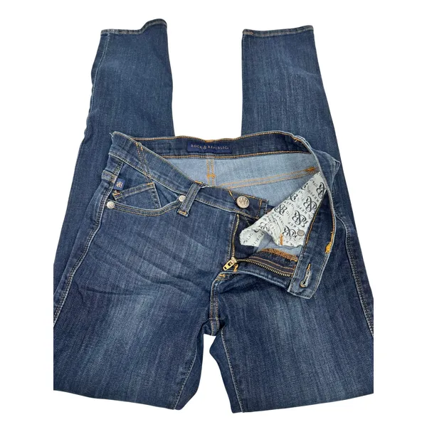 Rock & Republic‎ Womens Skinny Jeans Dark Wash Embroidered Logo Pockets Blue 4 - Image 5