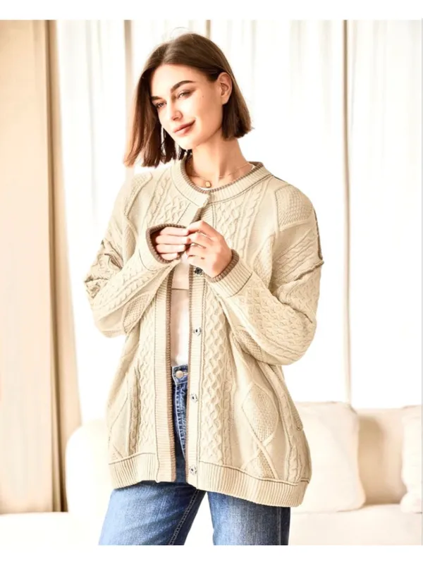 NEW Cable Knit Oversized Cardigan Button Up Striped Sweater S - Image 5