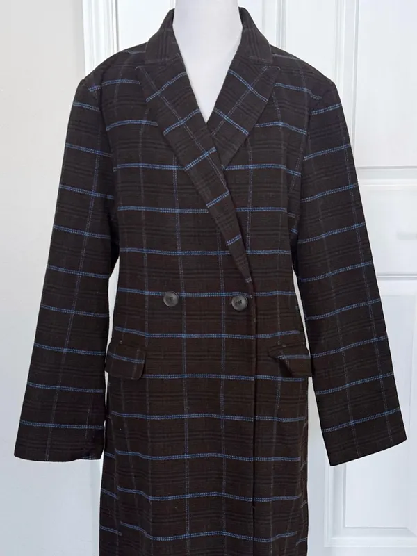 A New Day Plaid Wool Blend Long Belted Coat Size Medium - Image 2