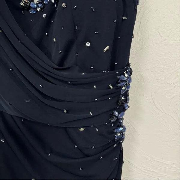 Xscape Blue Beaded One Shoulder Maxi Formal Dress Womens 12 Ruched Bridesmaid - Image 6