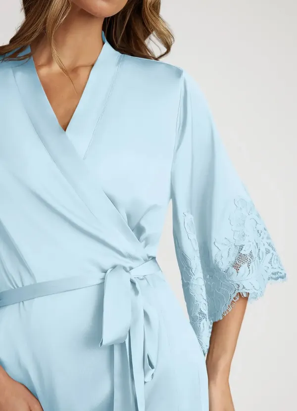 Azazie Light Blue Satin Lace Trim Pajama 3 piece set - Image 2