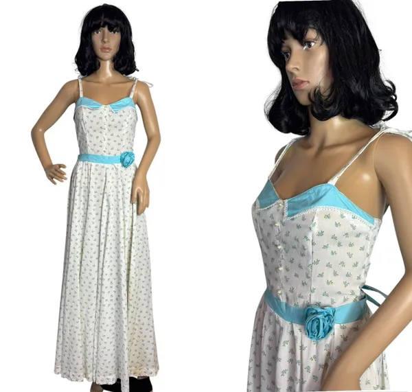 Vintage 1960s White Blue Floral Prairie Maxi Dress XS/S Talon Zip Circular - Image 2