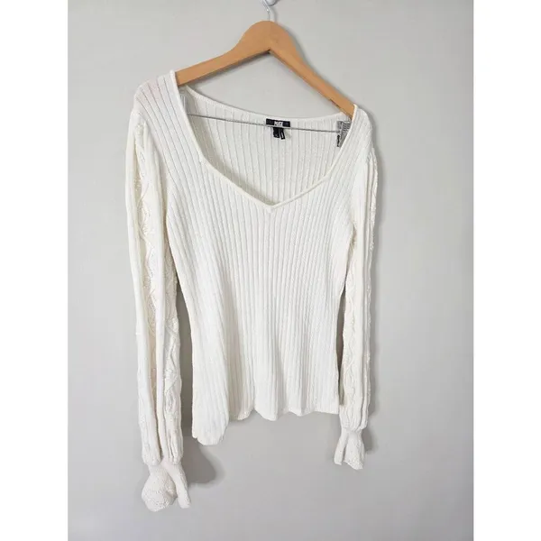 Paige Europa Sweater Size XL Ivory Silk‎ Blend Pullover Knit Bishop Sleeves - Image 6