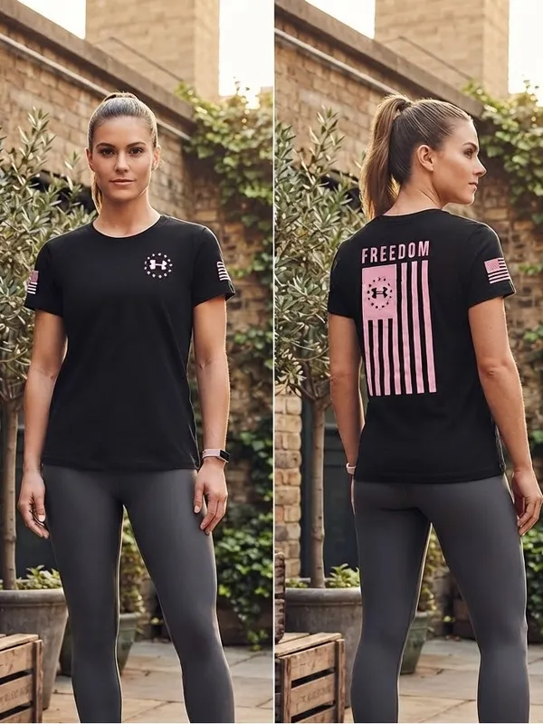 Under Armour Women's Black Short-Sleeve Freedom Tee with Pink Graphic - Image 2