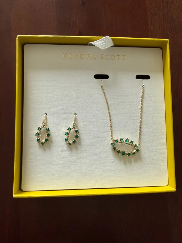Kendra Scott Eva Gold and Emerald Crystal Necklace & Earring Coordinated Set New - Image 2