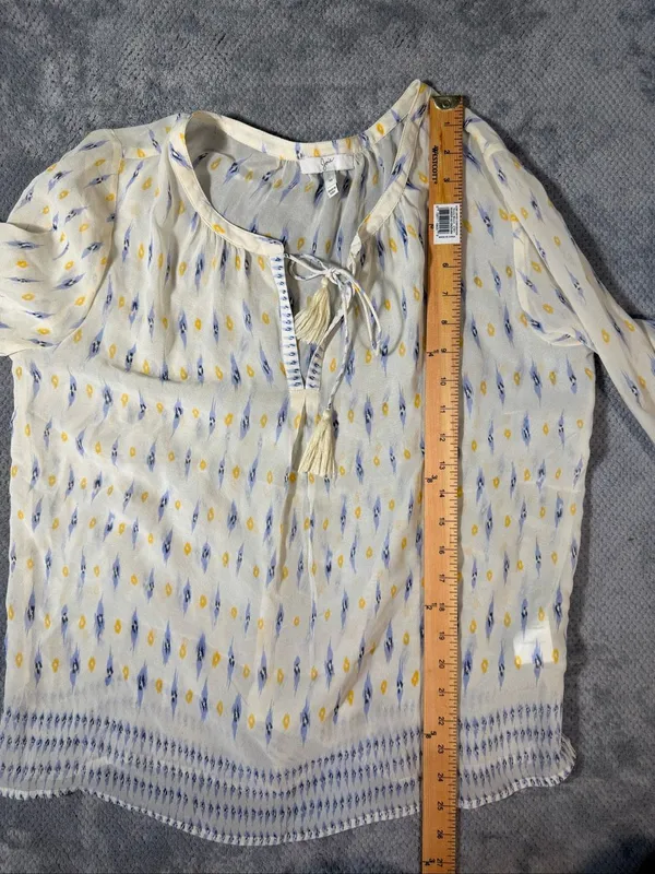 Joie Medium 100% Silk Ikat Tassel Tie Boho Peasant Blouse Ivory Blue Sheer Work - Image 7