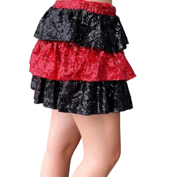 Fantastic Fawn Sequin‎ Tiered Mini Skirt Shorts Red Black Game Day Football NWT - Image 2