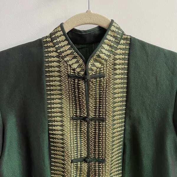 Handmade Blouse Women XS/S Green Gold Traditional Frog Button Mandarin Collar - Image 2