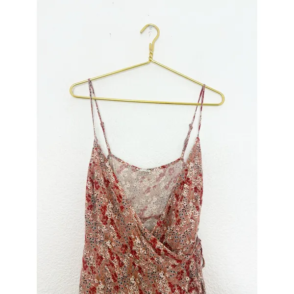 Free People All My Love Pink Multi Floral Print Wrap Slip Dress Size Large - Image 5