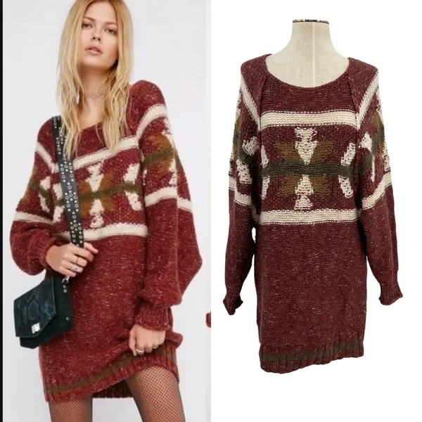 Free People Northern Lights Sweater‎ Mini Dress Boho Knit Red Size XS - Image 2