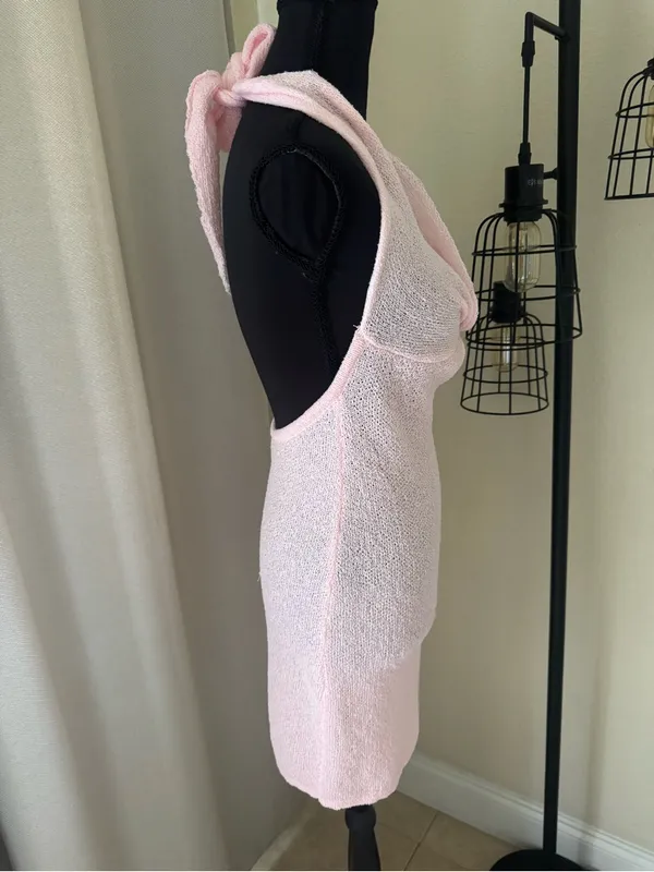 MORE TO COME Pink Halter Knit Mini Dress Open Back Keyhole Bodycon Size M - Image 5
