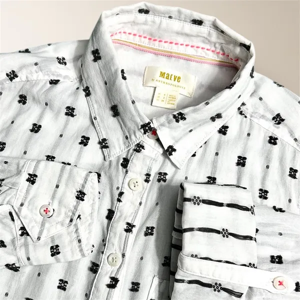 Maeve Anthropologie White‎ Black Clip Dot Cotton Button Down Roll Tab Shirt Boho - Image 3