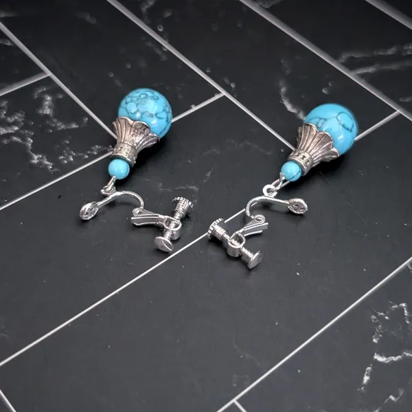Vintage Clip On Earrings Silver Tone & Turquoise Tone Dangle Ball - Statement - Image 3