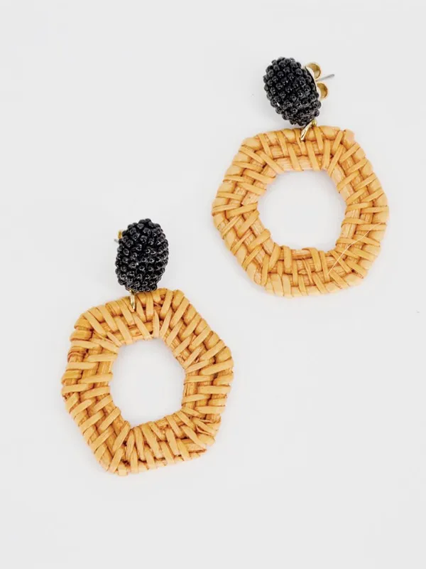 Anthropologie Jana Wicker Drop Earrings Orange Black Rattan - Image 3