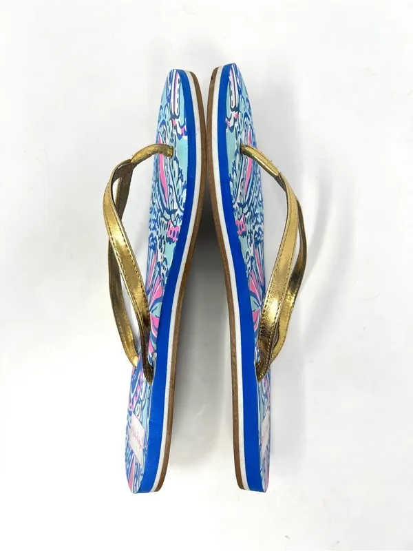 Lilly Pulitzer Coastal Blue Pink Print Gold Metallic Strap Flip Flops 9.5 - Image 3