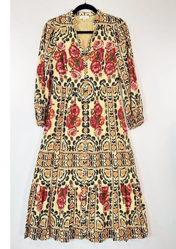 A Loves A Womens Dress Brown Vintage Floral Split V Neck Midi A Line Boho XS - Image 6