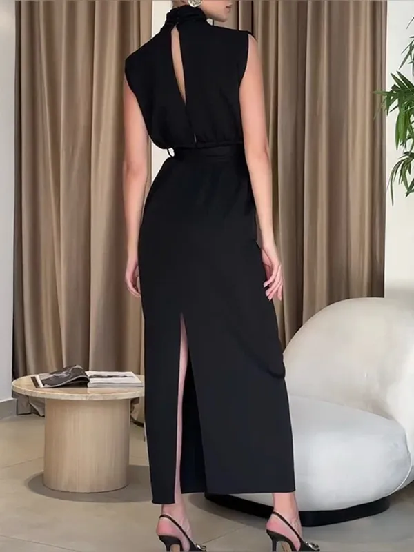 Commense Solid Slit Belted Mock Neck Midi Dress Black Size M NWT Sold Out - Image 2