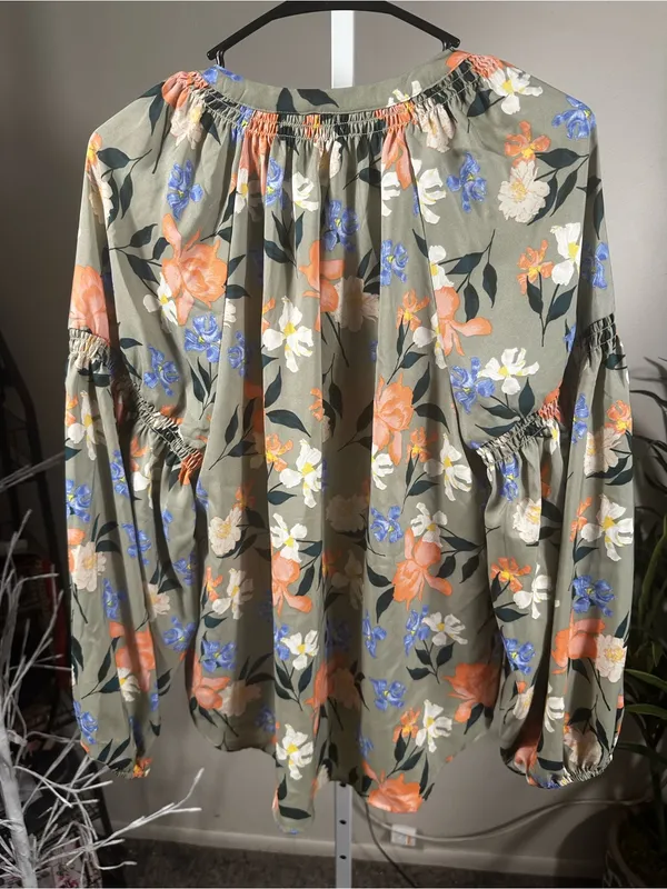 S62. Frye- Floral Button-Front Peasant Blouse - Olive with Orange & Blue Flowers - Image 5