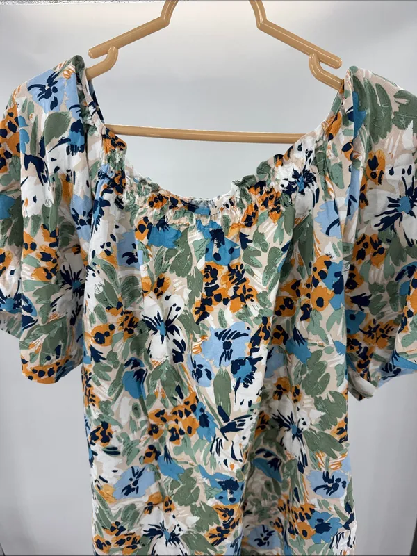 Emory Park smocked neckline flowy mini babydoll Dress S floral open back tie - Image 7