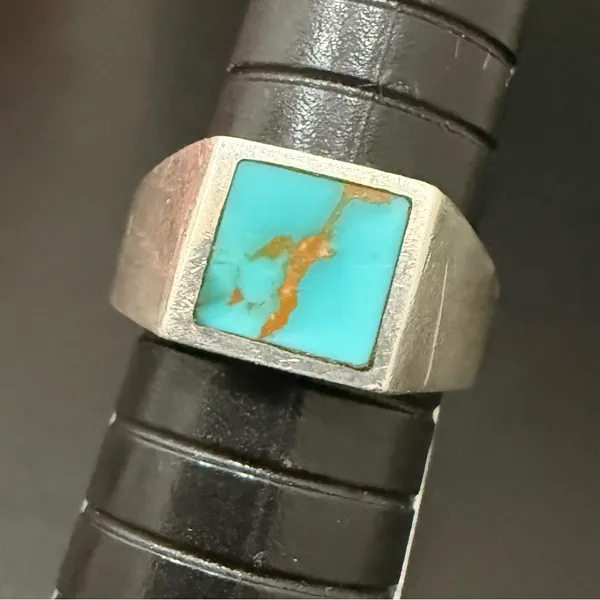 Vintage Sterling Silver Turquoise Inlay Signet Ring Size 7 - Image 11