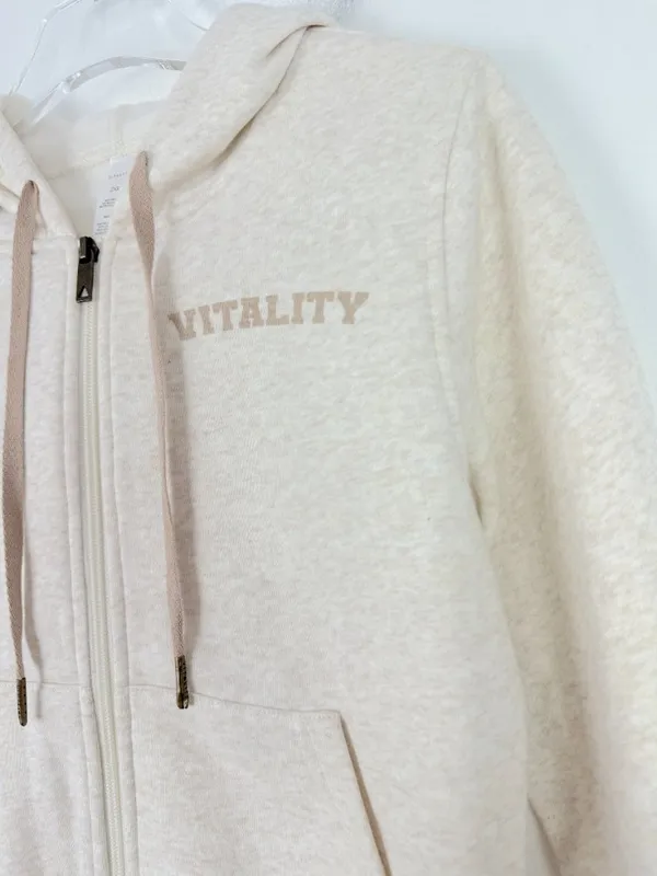 Vitality Cozy Zip Sweatshirt Oat Marl Varsity Hoodie Size 2XS XXS $96 EUC - Image 4