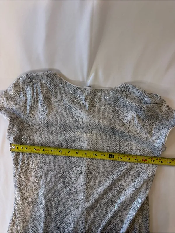 White House Black Market Silver Sequin Scoop Neck Short Sleeve Top - Image 6