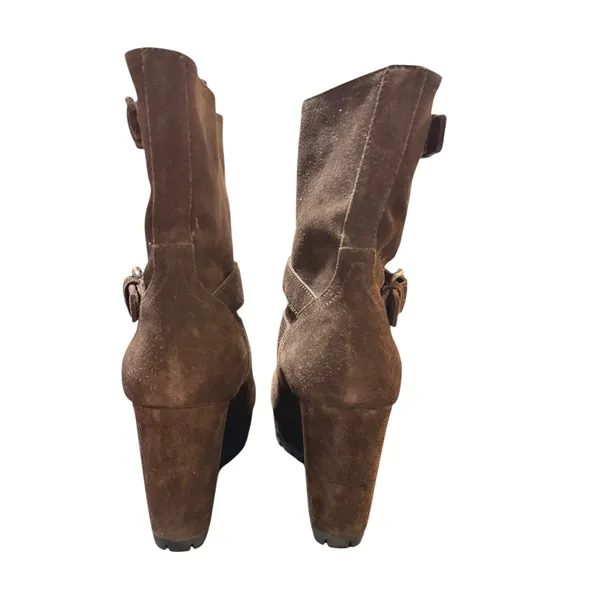 Prada Sport Brown Suede Double‎ Buckle Wedge Lug Sole Mid Calf Moto Boots 37.5 - Image 5