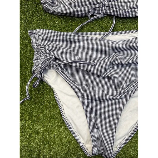 Kona Sol High Waisted Bikini Set Swimsuit Blue White Gingham Plaid Tie Detail M - Image 2