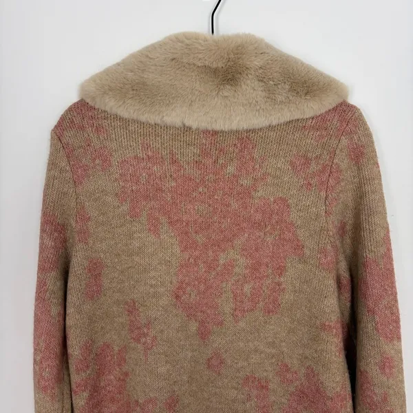 Happily Grey Long Cardigan Faux Fur Neckline Pink Tan Elevated Indie Glam Large - Image 10
