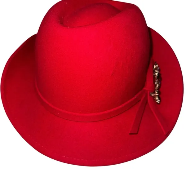 Red Fascinator Hat Feathers Kentucky Derby wide brim fedora brooch pin flowers - Image 3