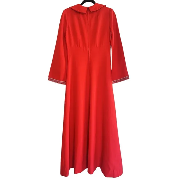VTG 70s Handmade Red Maxi Dress Boho Embroidered‎ Disco Collar Bell Sleeve Small - Image 2