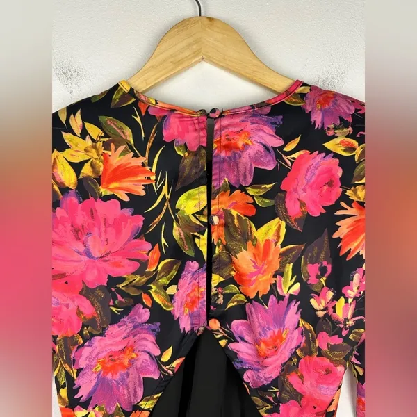 For Love and Lemons Dakota Black Floral Satin Long Sleeves Ruffle Dress Sz XXS‎ - Image 11