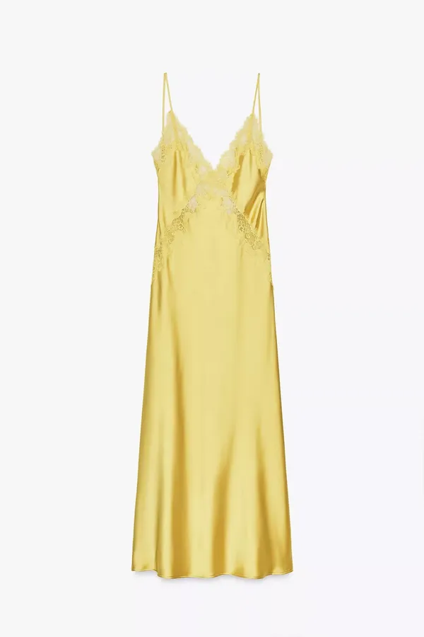 Zara Lace-Trim Slip Satin Maxi Dress in Mustard Chartreuse Yellow - Image 10