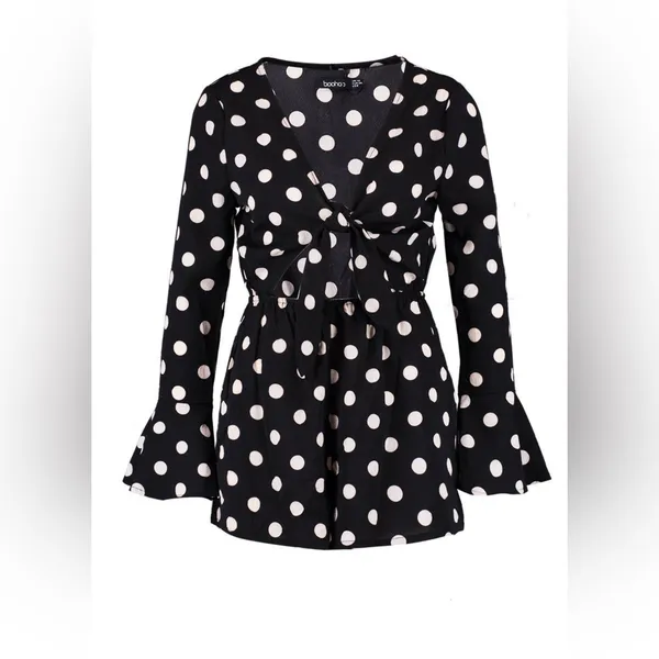 Boohoo Polka Dot Tie Front Playsuit Size 8 - Image 2