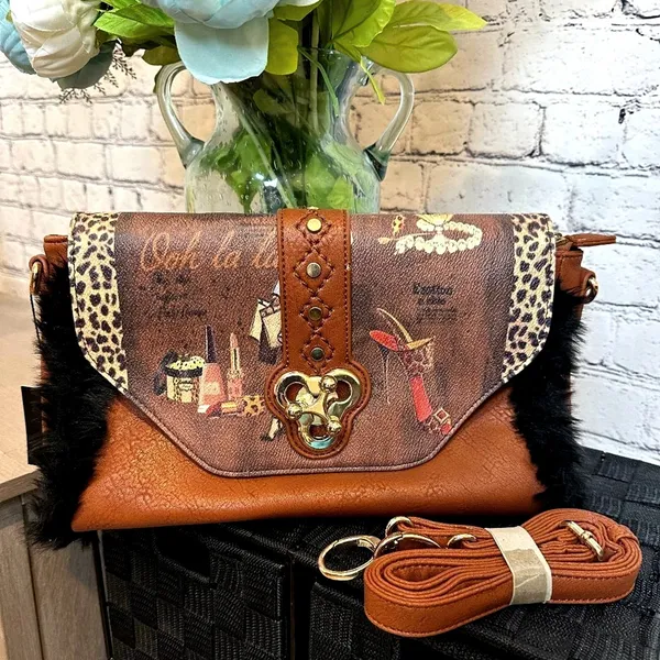 Beautiful Clutch Crossbody Handbag Turn Lock Fur Trim - Image 2