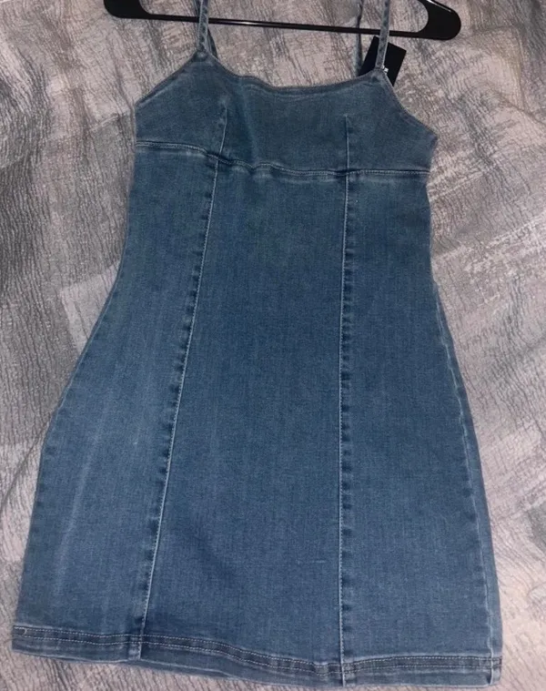 denim mini dress with spaghetti straps. Blue - Image 2