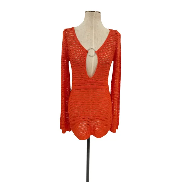 Peppermayo Sunriser Crochet Mini Dress Red Orange Cutout Ring Long Sleeve S/M - Image 2