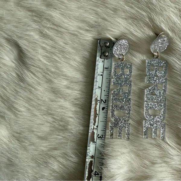 Bride Acrylic Silver Glitter Sparkle Drop Earrings. - Image 3